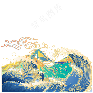 国潮彩色云纹海浪