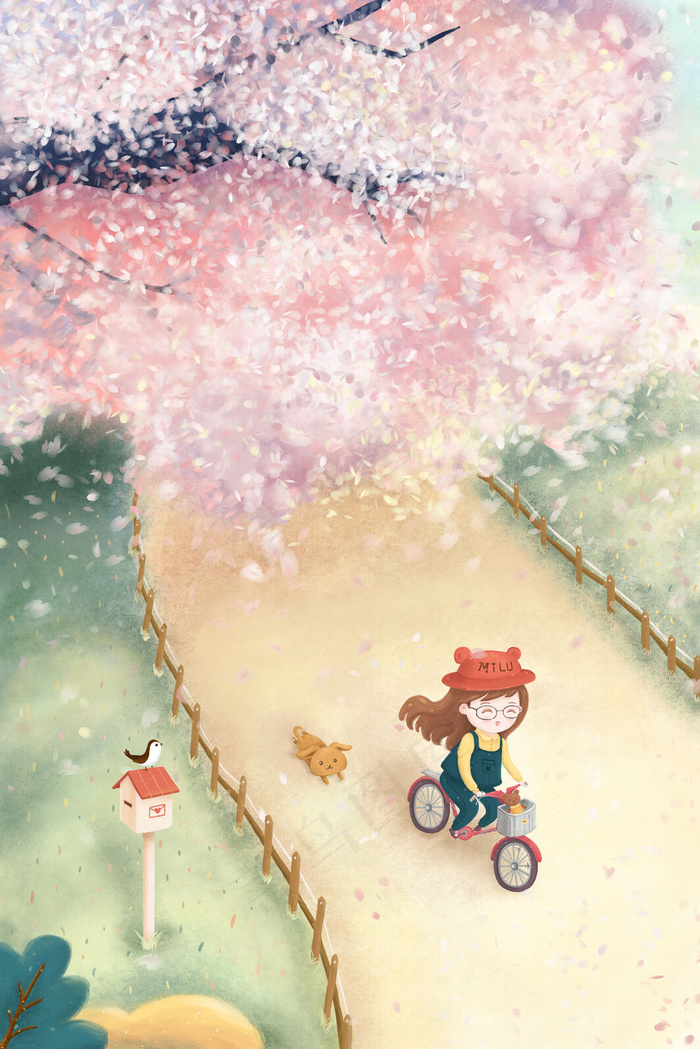 三月樱花树下女孩骑自行车(3545X5315(DPI:300))psd模版下载