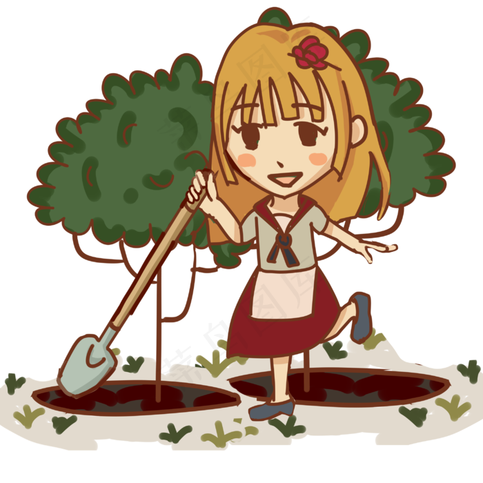 植树节栽树的女孩手绘插画