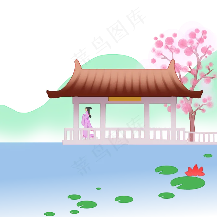 江汀望亭古风风景仕女(2000X2000(DPI:300))psd模版下载