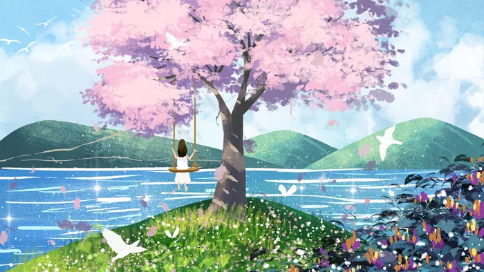 樱花秋千治愈系小清新风景(2880*1620px 300 dpi )psd模版下载