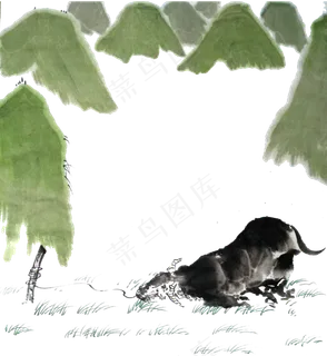牛水墨山水青山PNG清明春天装 牛水墨山水青山PNG清明春天装