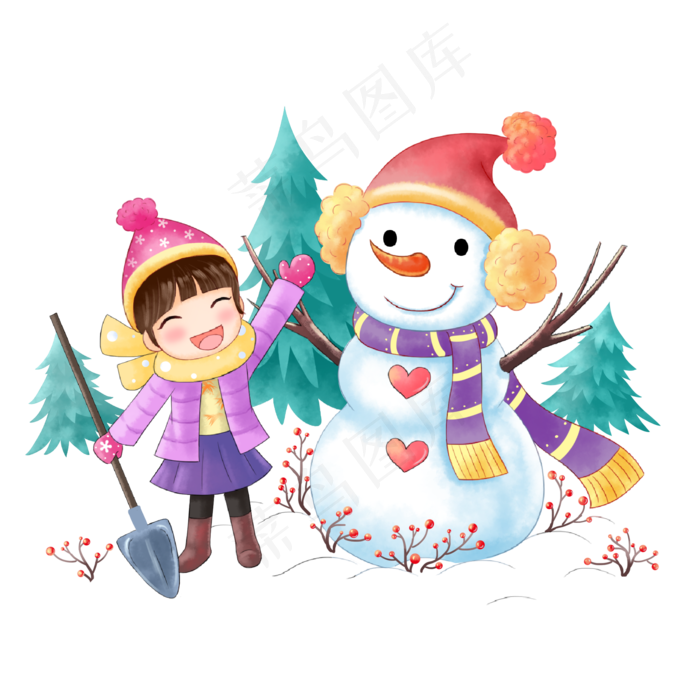 冬天堆雪人卡通漫画,免抠元素
