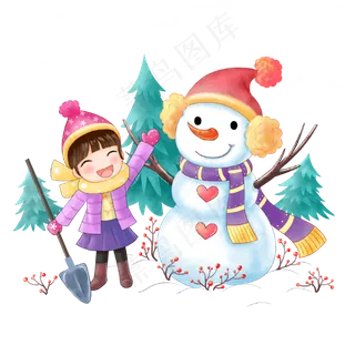 冬天堆雪人卡通漫画,免抠元素