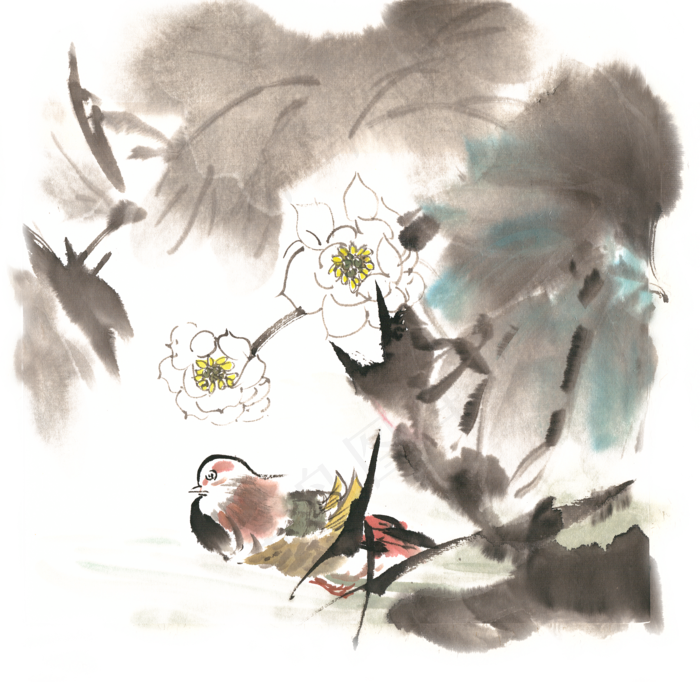 鸳鸯荷花水墨画PNG免抠素材(4724X4724(DPI:300))psd模版下载