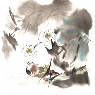 鸳鸯荷花水墨画PNG免抠素材