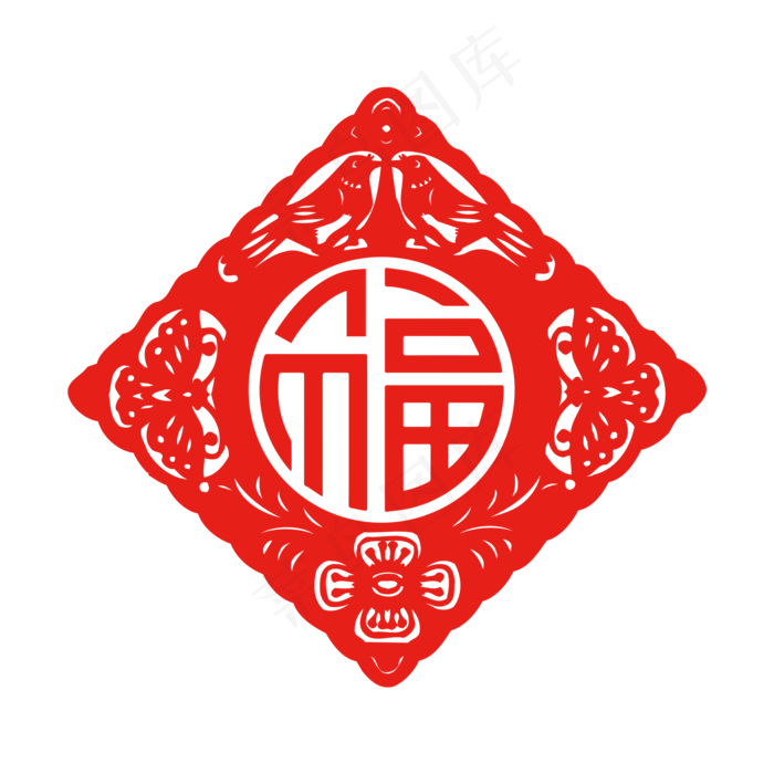 红色福字窗花剪纸素材,免抠元素