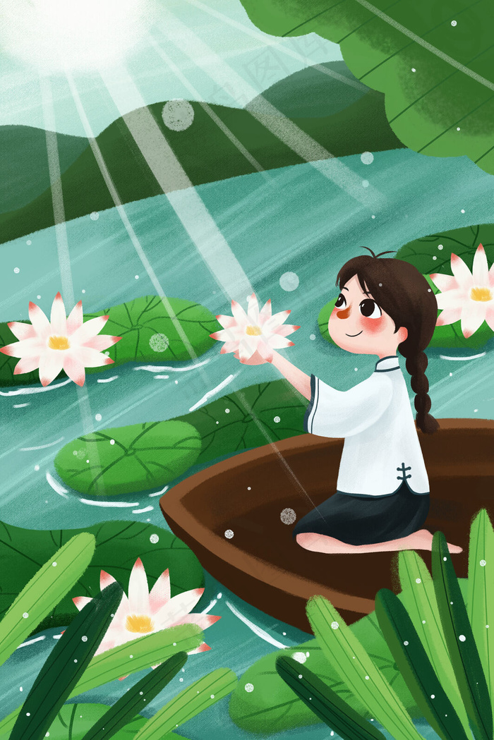 夏季夏日荷花女孩初夏夏至大暑24节气