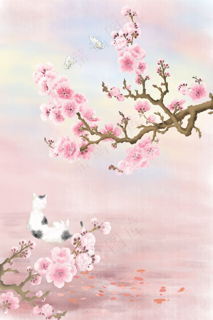 春天唯美治愈杏花树下的猫咪(3545*5315px 300 dpi )psd模版下载