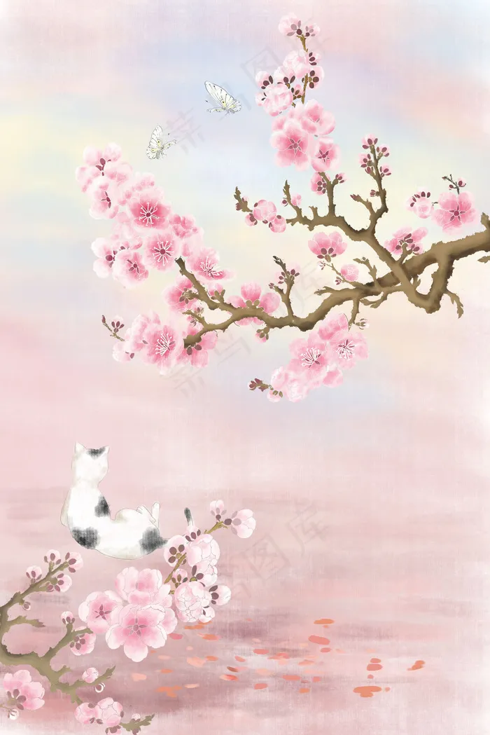 春天唯美治愈杏花树下的猫咪(3545*5315px 300 dpi )psd模版下载