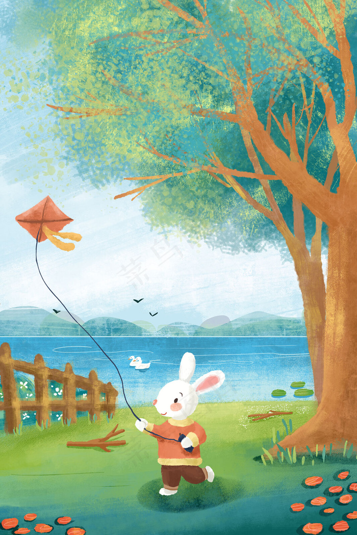 治愈系场景小兔子放风筝手绘小清新
