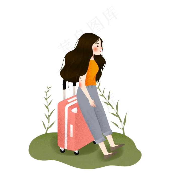 水彩女孩行李旅行插图(2000X2000(DPI:96))psd模版下载