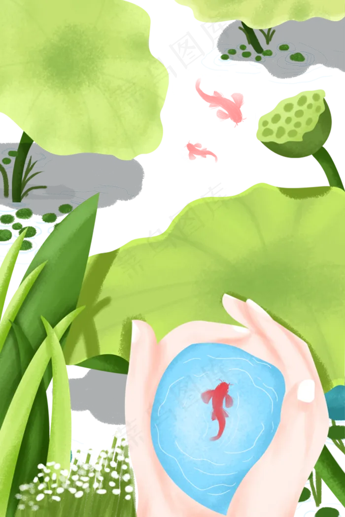 手绘卡通荷塘初夏免扣元素(800X1200(DPI:72))psd模版下载