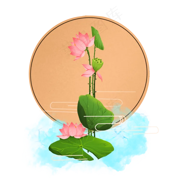 禅意复古荷花边装饰边框免抠元素(2000X2000(DPI:300))psd模版下载