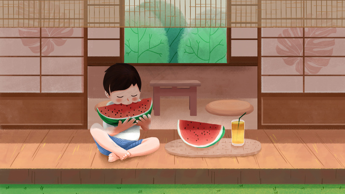 立夏—夏天男孩吃西瓜配图(1125X2436(DPI:72))psd模版下载