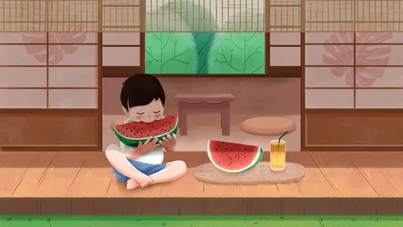 立夏—夏天男孩吃西瓜配图