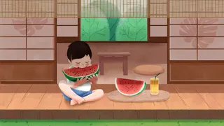 立夏—夏天男孩吃西瓜配图