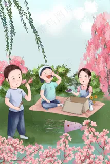 春天野外放风筝野餐春季风景图