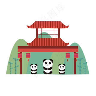 中国传统熊猫红色牌坊青山四川,免抠元素