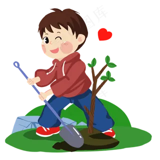 植树节可爱男孩铁锹挖土种树手绘