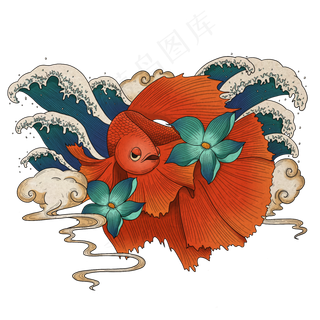 日本浮世绘风格红色金鱼,免抠元素