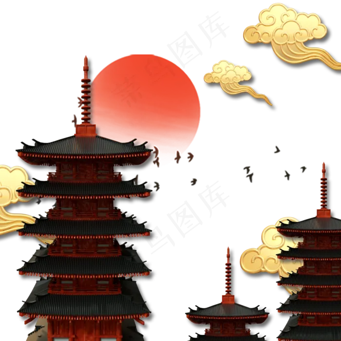 新中式古建筑金色古风装饰画(4724X4724(DPI:150))psd模版下载