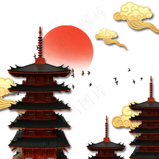 新中式古建筑金色古风装饰画