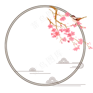 冬天腊梅红色雀上枝头圆形边框云,免抠元素