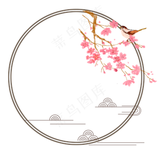 冬天腊梅红色雀上枝头圆形边框云,免抠元素