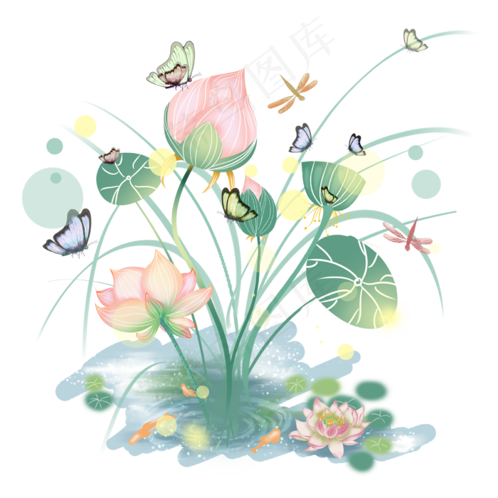 一群蝴蝶飞舞在荷塘上PNG图片,免抠元素