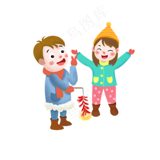 元宵节点烟花炮竹卡通人物手绘,免抠元素