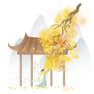 中国风秋天树下的古代少女,免抠元素