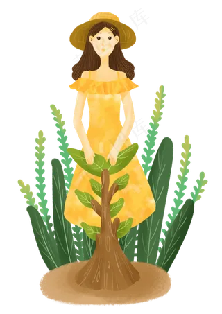 植树节小女孩植树树苗,免抠元素