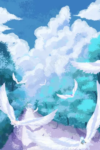 夏景蓝色唯美卡通夏日立夏空中飞鸟