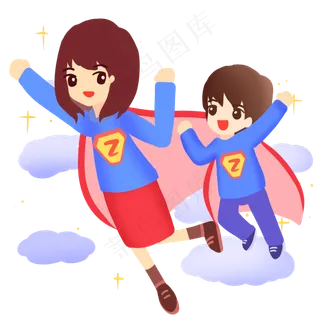 超人妈妈带着儿子一起飞翔