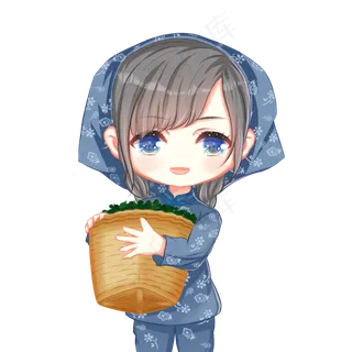 手绘卡通Q版采茶女