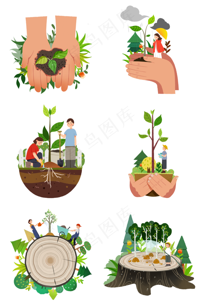 植树节小清新卡通手绘插画,免抠元素