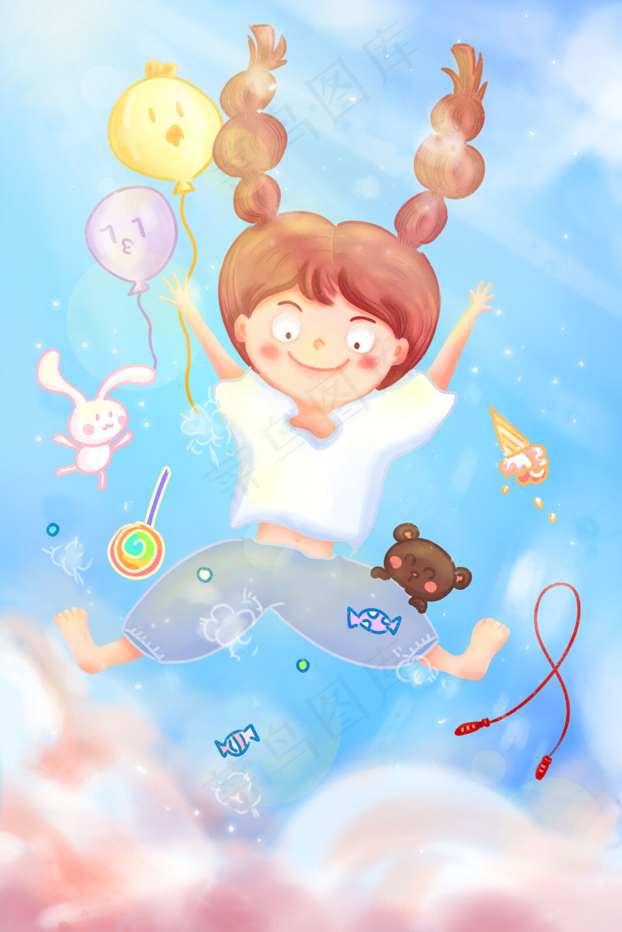六一儿童节快乐女孩气球玩偶天空飞翔(3545*5315px 300 dpi )psd模版下载