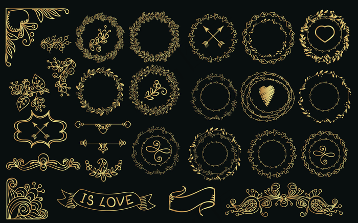 手工绘制的金桂冠和花环收藏