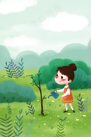 春天植树节女孩种树浇水小清新