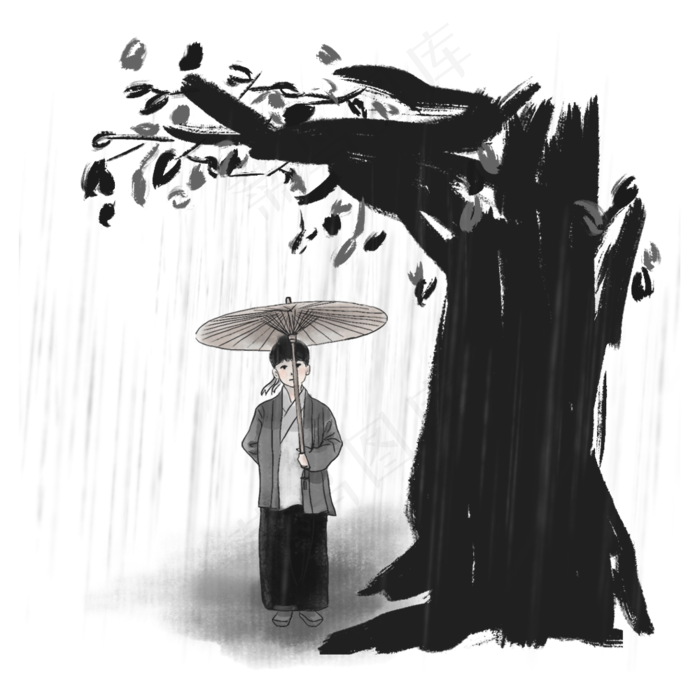 古风清明节雨纷纷树下男孩