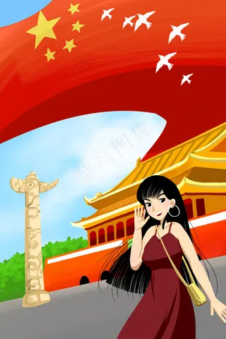 红色系卡通手绘风10.1国庆节配图