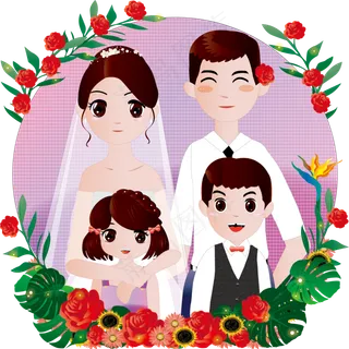 人物新郎新娘男孩女孩全家四口可