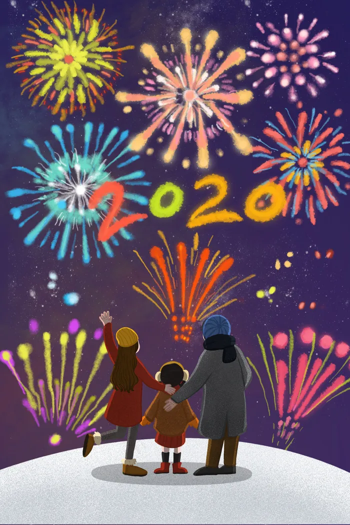 2020年新年跨年一家三口看烟花(3545*5315px 300 dpi )