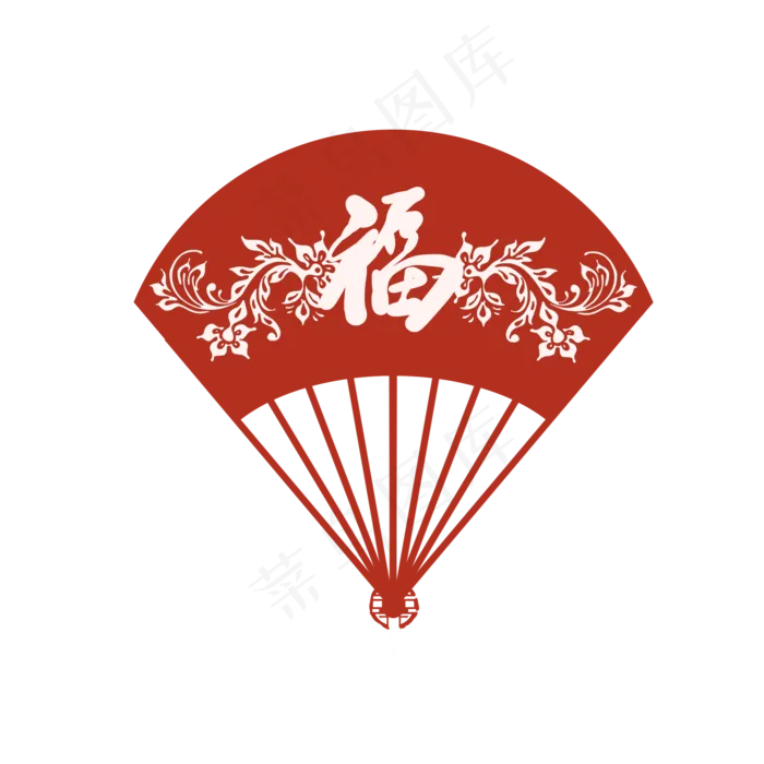 春节剪纸红色扇子与福,免抠元素