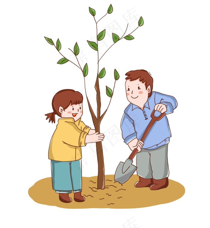 手绘可爱男孩和女孩辛勤植树