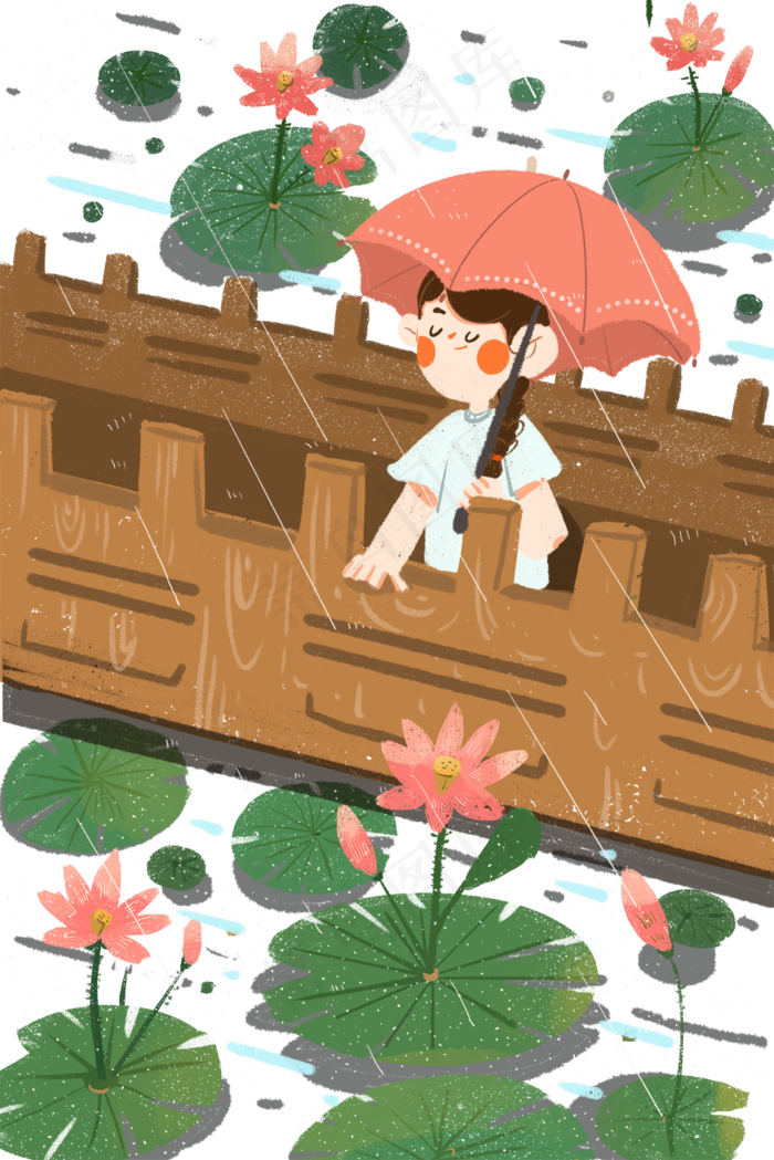 夏季雨天女孩站在桥上赏荷(1000X1499(DPI:300))psd模版下载