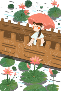 夏季雨天女孩站在桥上赏荷