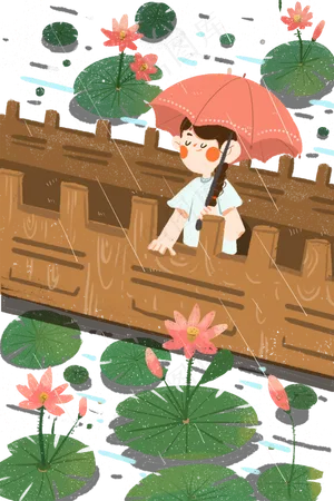 夏季雨天女孩站在桥上赏荷