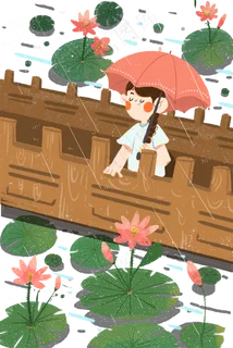 夏季雨天女孩站在桥上赏荷 夏季雨天女孩站在桥上赏荷